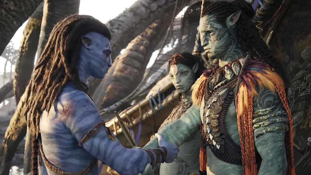 Jake and Tonowari shaking hands in Avatar: The Way of Water