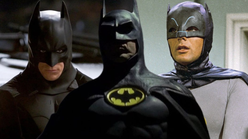 Split image with Christian Bale, Michael Keaton, and Adam West as Batman