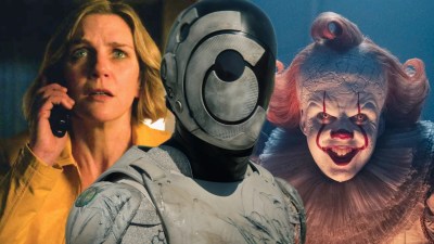 Split image with stills from Pluribus, Murderbot, and IT: Welcome to Derry