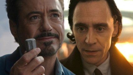 Split image of Robert Downey Jr. as Tony Stark in Iron Man 3 and Tom Hiddleston as Loki in Loki