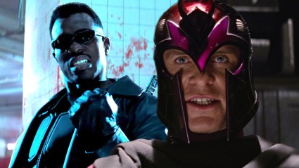 Split image of Wesley Snipes as Blade and Michael Fassbender as Magneto