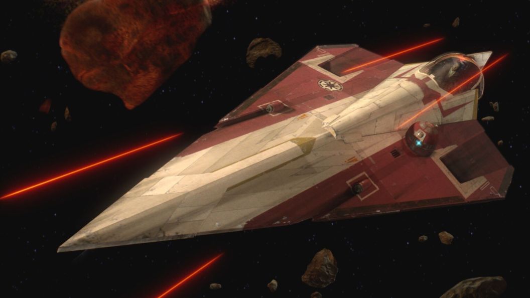 Obi-Wan flying in a starfighter.