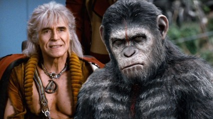 Split image with Ricardo Montalban as Khan in Star Trek II: The Wrath of Khan and Caesar in Dawn of the Planet of the Apes
