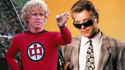 A split image with still from The Greatest American Hero and a promotional image for Sledge Hammer!