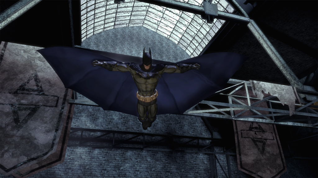 A screenshot from Batman: Arkham Asylum, showing Batman gliding with his cape.
