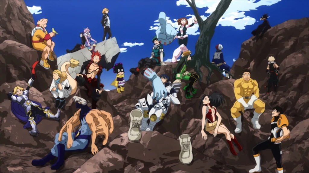 Class 1-A sitting on rocks in My Hero Academia's 