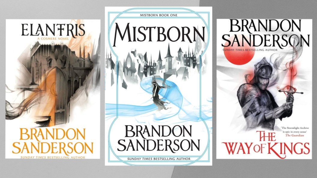 The UK covers of Elantris, Mistborn, and The Way of Kings