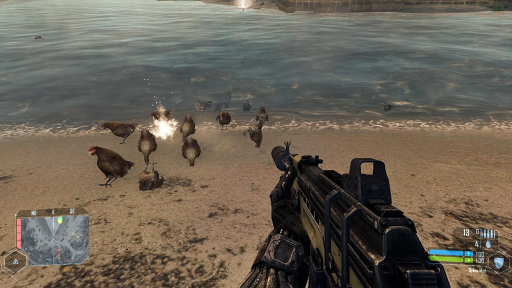 A screenshot from Crysis Warhead showing the player shooting chickens from their gun.