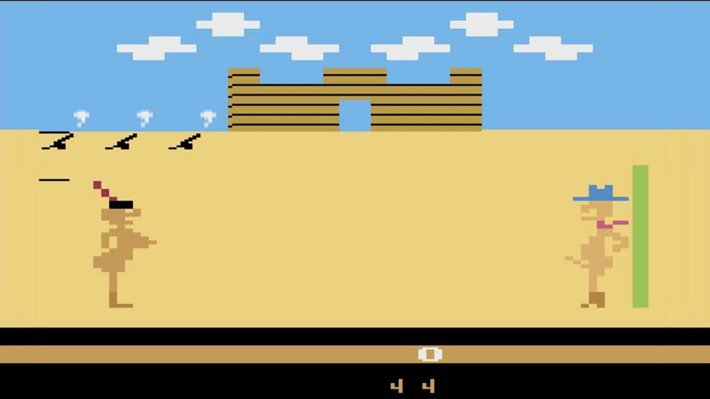 A screenshot from Custer’s Revenge, showing General Custer and a Native American woman.