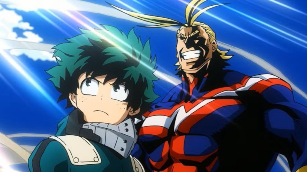Deku and All Might looking up in My Hero Academia Season 3's opening