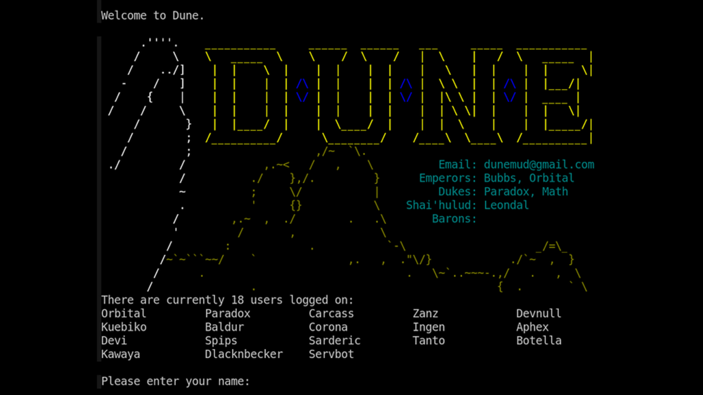 A screenshot of the intro for Dune MUD.
