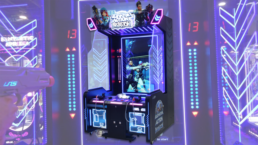 The Elevator Action Invasion arcade cabinet over an image of people playing the game.