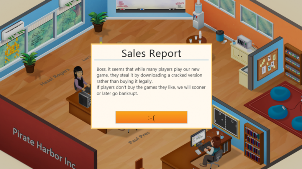 A screenshot from Game Dev Tycoon, showing a sales report about piracy.