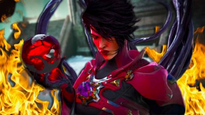 Scarlet from Highguard holding a red ball with flames behind her.