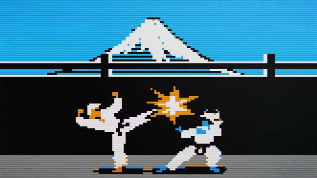 A screenshot from Karateka on the Apple II.