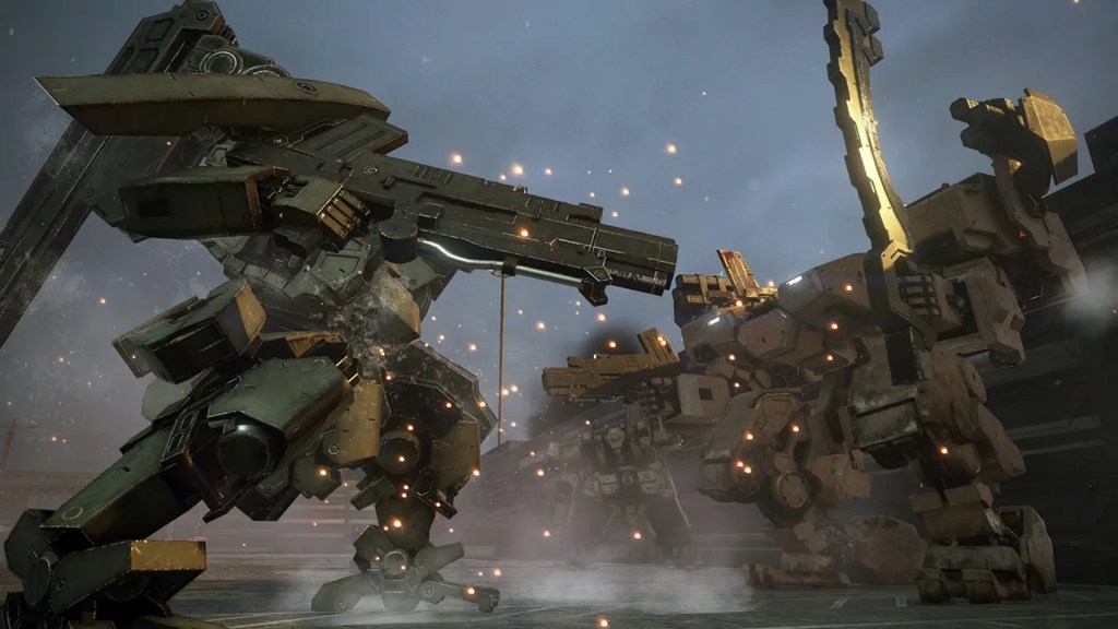 Two mechs in Left Alive fighting each other.