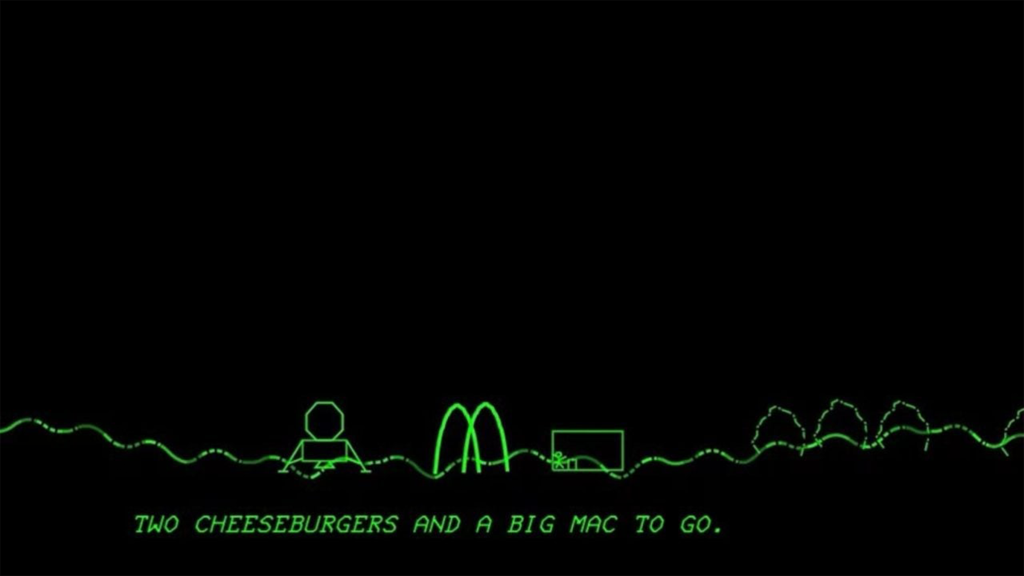 The hidden Easter egg in Atari's Moonlander, showing the McDonalds on the Moon.