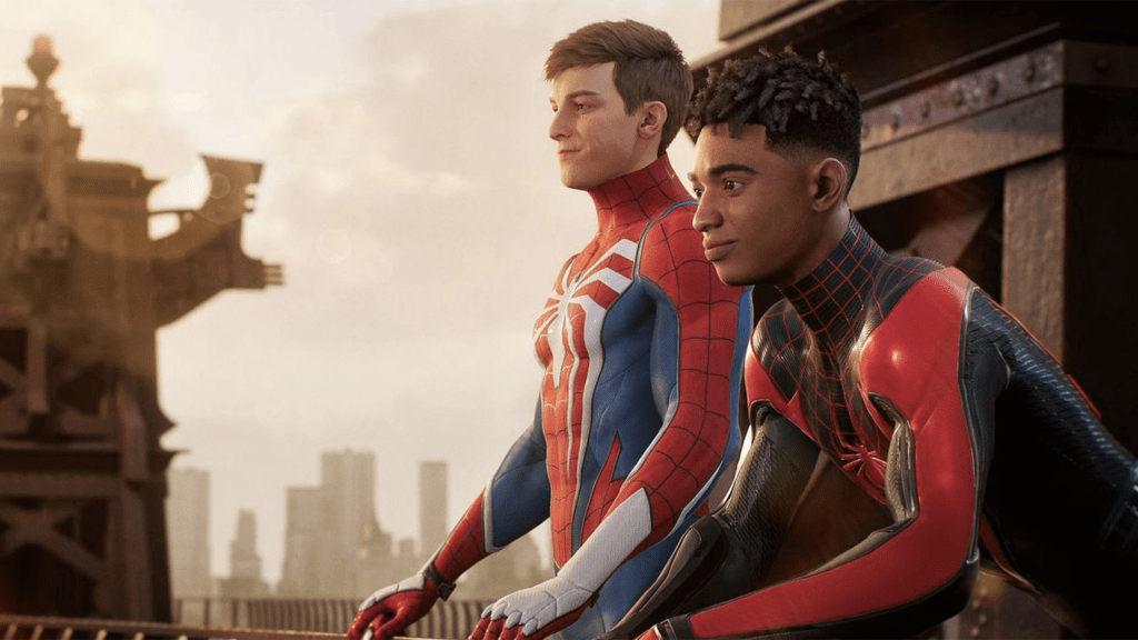 A screenshot from Marvel's Spider-Man 2, showing Miles and Peter together with their masks off.