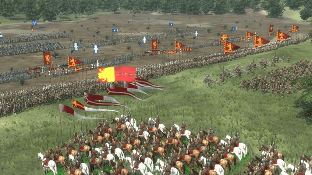 A screenshot from Medieval II: Total War, showing troop movement on the battlefield.
