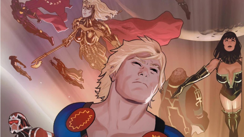 Ikaris, Sersi, Makkari, and Zuras flying through the sky together