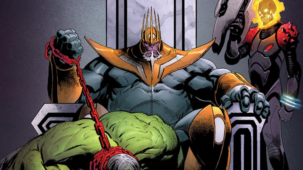 King Thanos and Cosmic Ghost Rider, holding the Hulk's leash