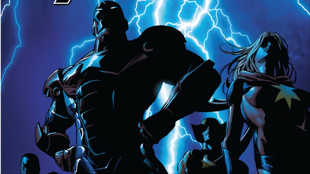 Spider-Man, Iron Patriot, Wolverine, and Ms. Marvel in the darkness with lightning behind them