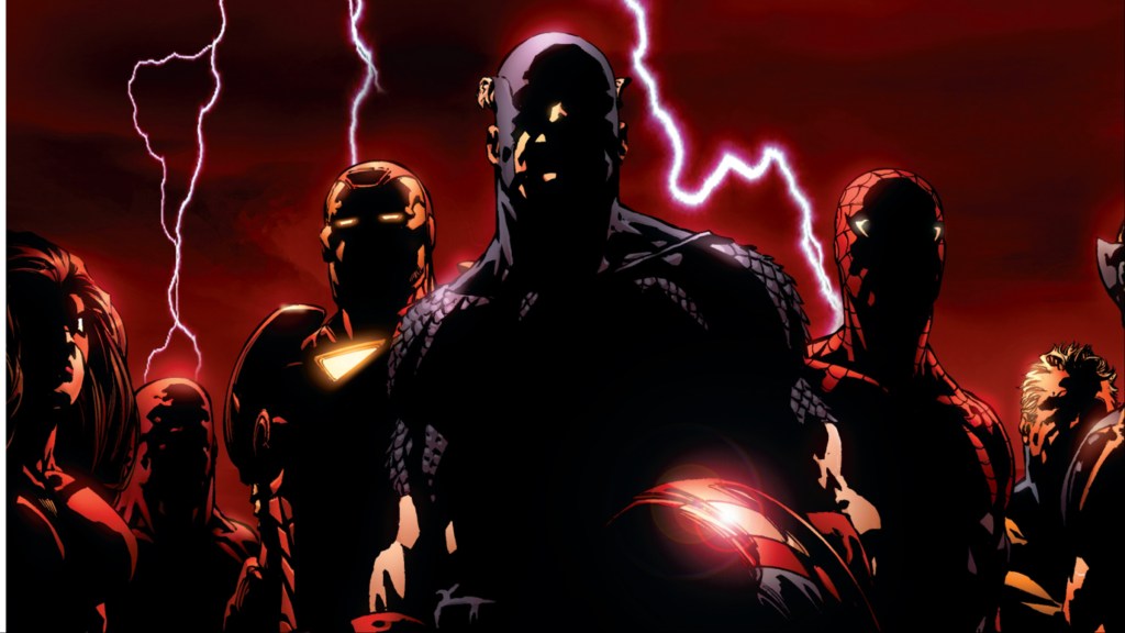 The New Avengers gathered under a dark, lightning filled sky