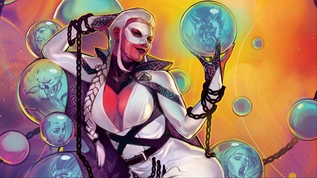 Mother Righteous sitting on a chair made of Earths and holding an Earth