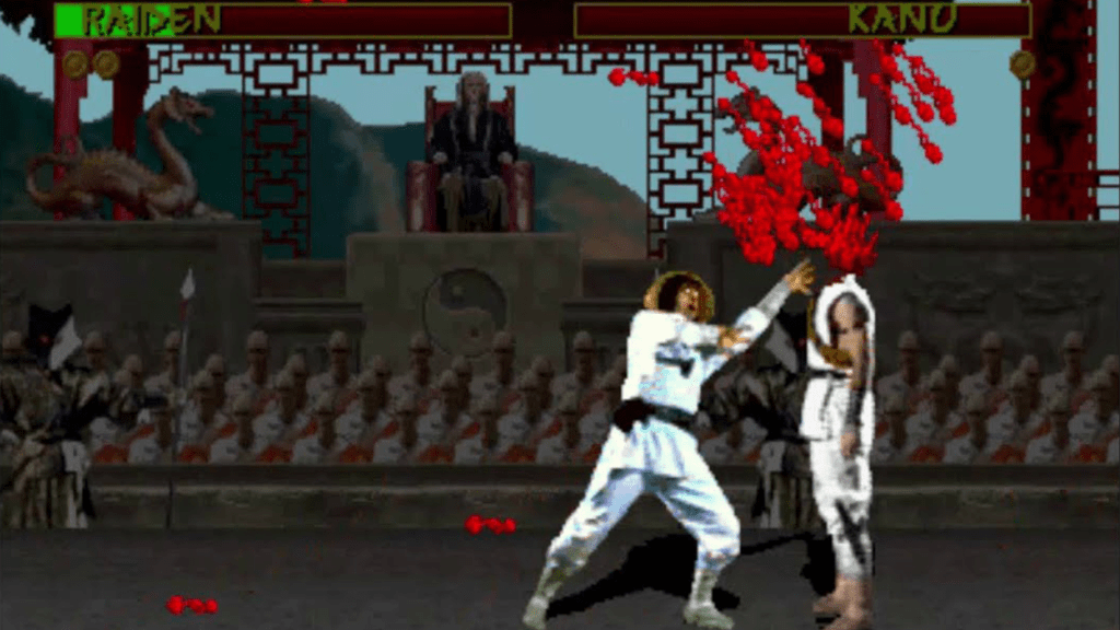 A screenshot from Mortal Kombat, showing Raiden perform a Fatality.