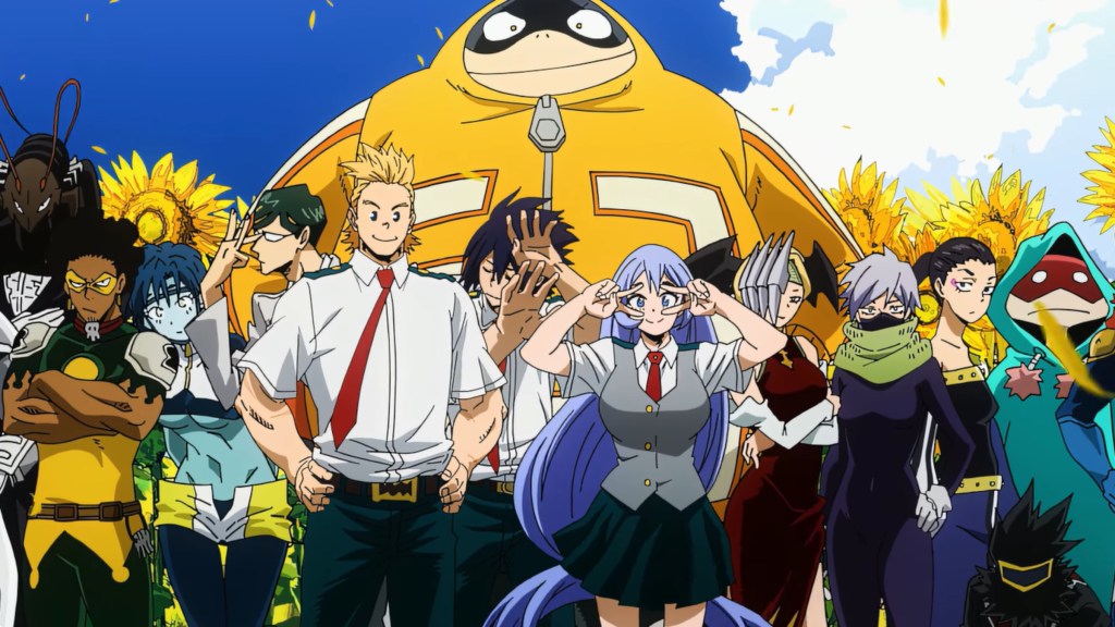The seniors and Pro Heroes lined up in front of Fat Gum in My Hero Academia's 