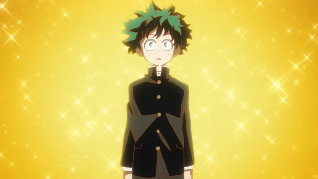 Deku in his school uniform against a yellow background in My Hero Academia