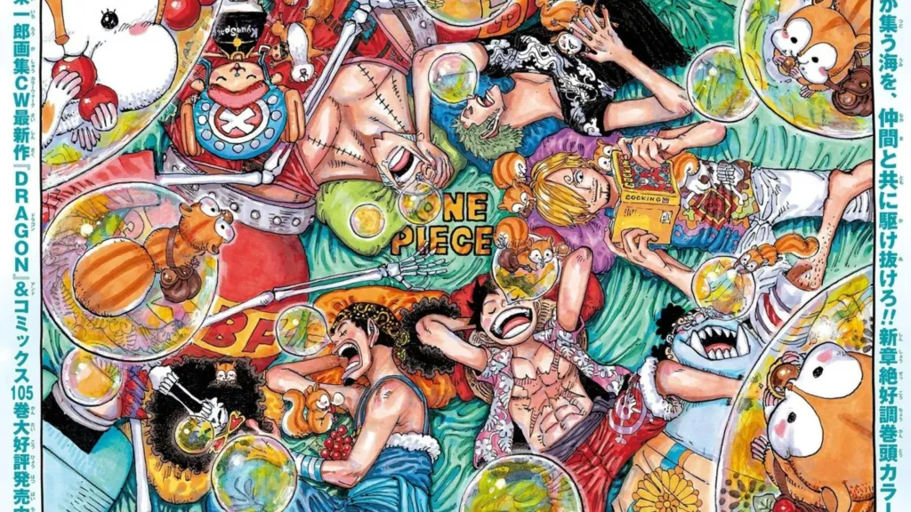 One Piece Chapter 1081 Color Spread featuring the Straw Hats with squirrels
