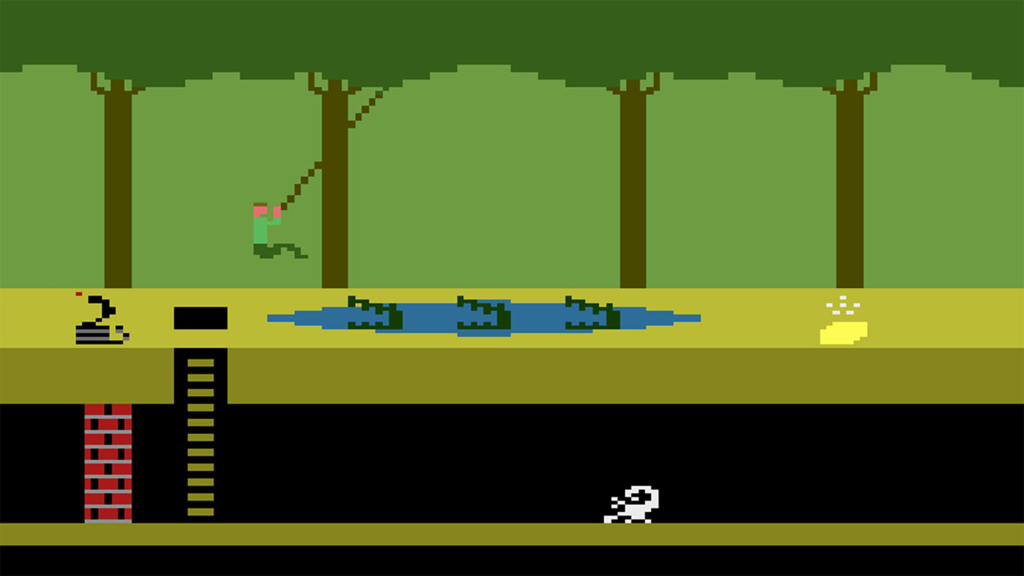 A screenshot from Pitfall! (1982) on the Atari 2600.