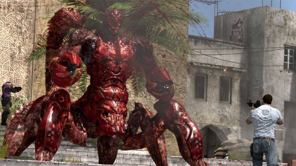 A screenshot from Serious Sam 3, showing the red scorpion boss that cannot be killed in a pirated copy.