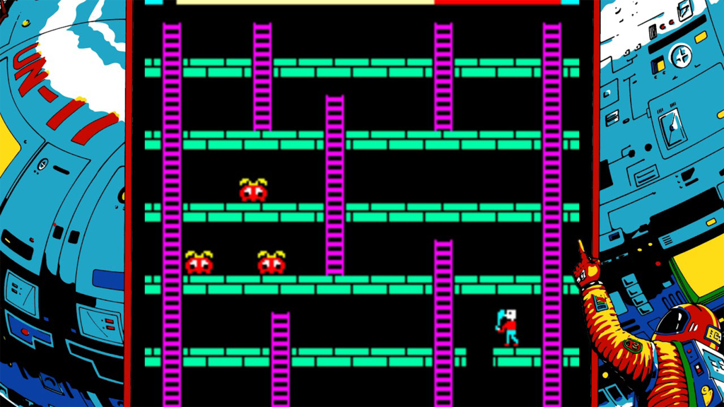 A screenshot from Space Panic (1980).