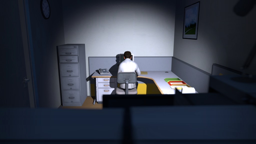 The player at their desk at the start of The Stanley Parable.