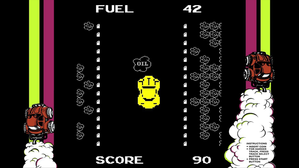 A screenshot with bezel overlay of Super Bug (1977).