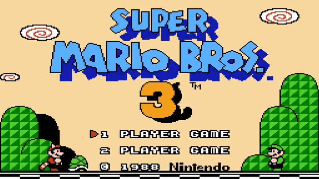 The intro screen for Super Mario Bros. 3 on the NES.