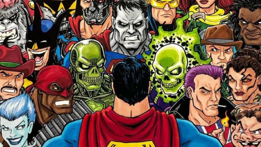 Illustration of Superman confronting his iconic villains.