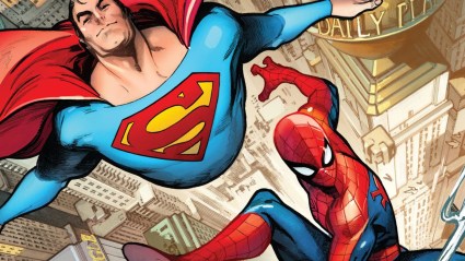 Superman and Spider-Man Soaring through Air