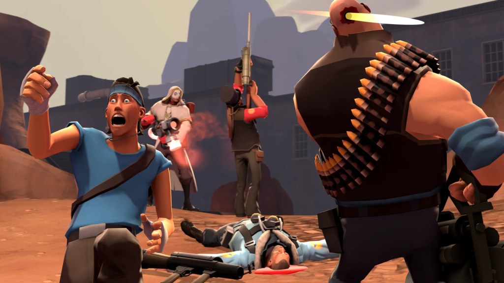 The Scout running as a Heavy gets shot in TF2.
