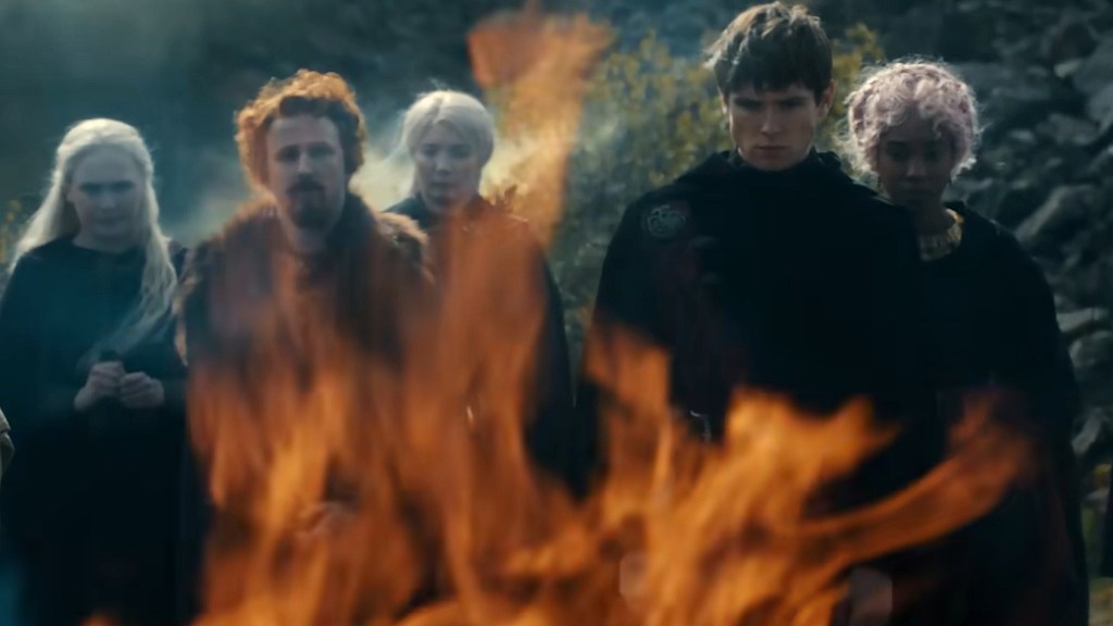 Targaryens standing before a fire in A Knight of the Seven Kingdoms