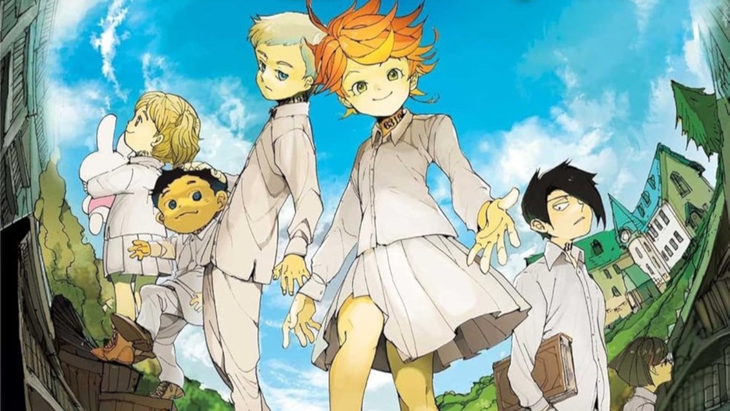 The cover of The Promised Neverland Vol. 1 featuring Emma, Norman, and the other kids