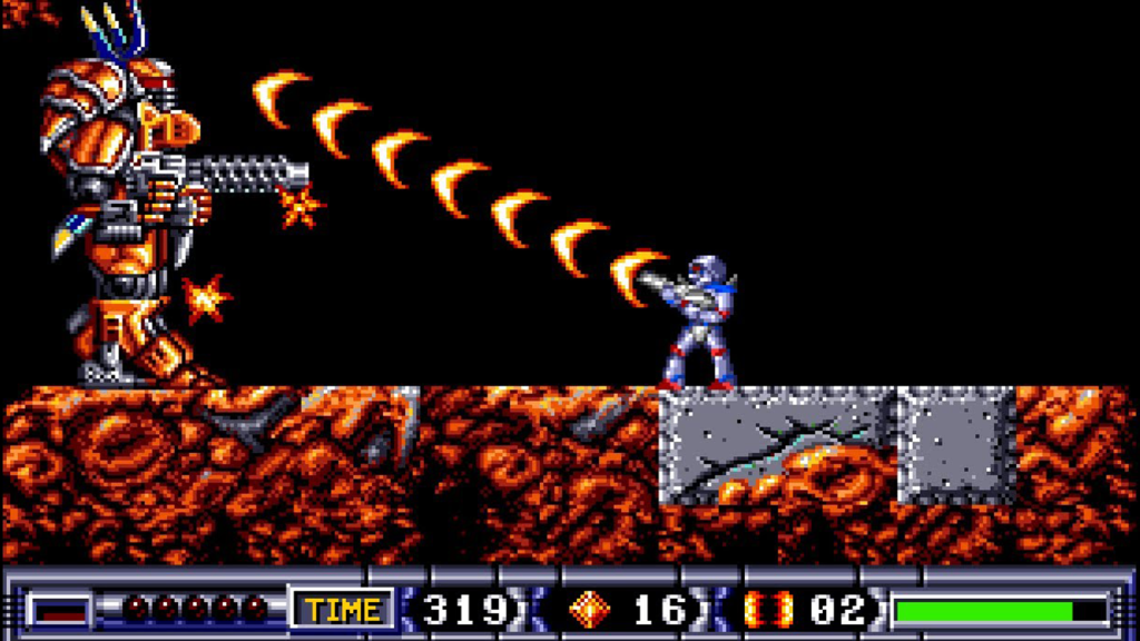 A screenshot from Turrican II: The Final Fight on the Amiga.