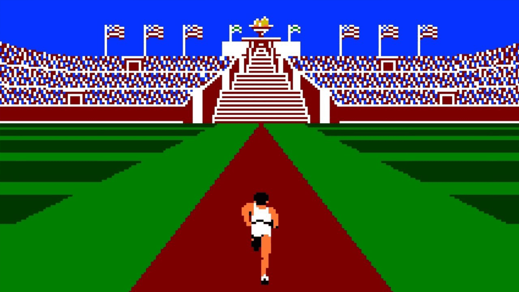 A screenshot from World Class Track Meet on the NES.