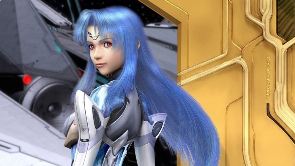 KOS-MOS from Xenosaga 2 looking over her shoulder in a cinematic.
