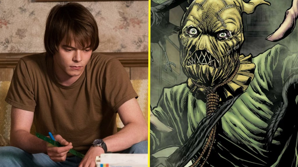 Charlie Heaton as Jonathan Byers in Stranger Things next to Scarecrow in DC Comics