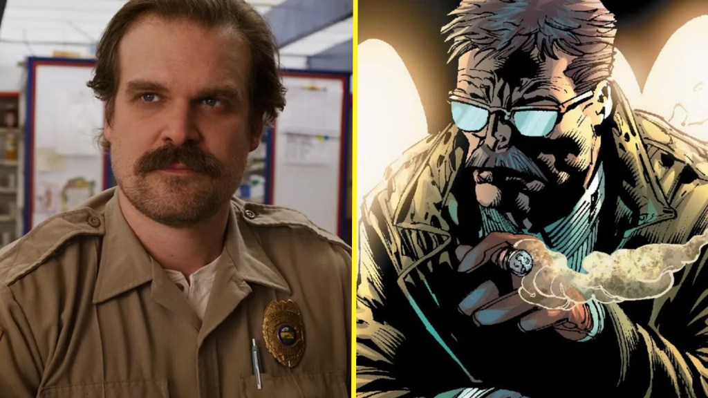 David Harbour as Hopper in Stranger Things next to Commissioner Gordon in DC Comics