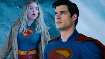 Split image of Milly Alcock as Supergirl and David Corenswet as Superman in Superman (2025)