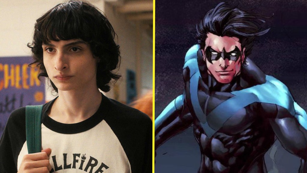 Finn Wolfhard as Mike Wheeler in Stranger Things next to Nightwing in DC Comics